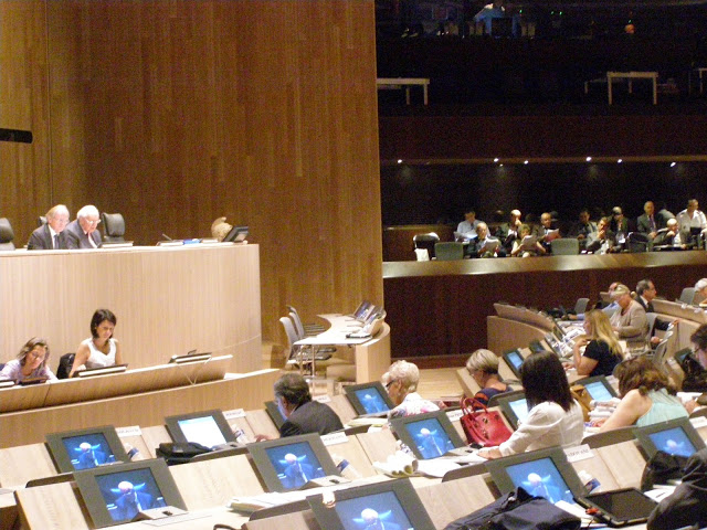 La campagne électorale des municipales 2014 s'est, comme en mars dernier, invitée ce lundi 17 juin dans l'hémicycle du pavillon M où se tenait une séance marathon du conseil municipal de Marseille qui aura duré 5 heures et demie. (Photo S.P.)