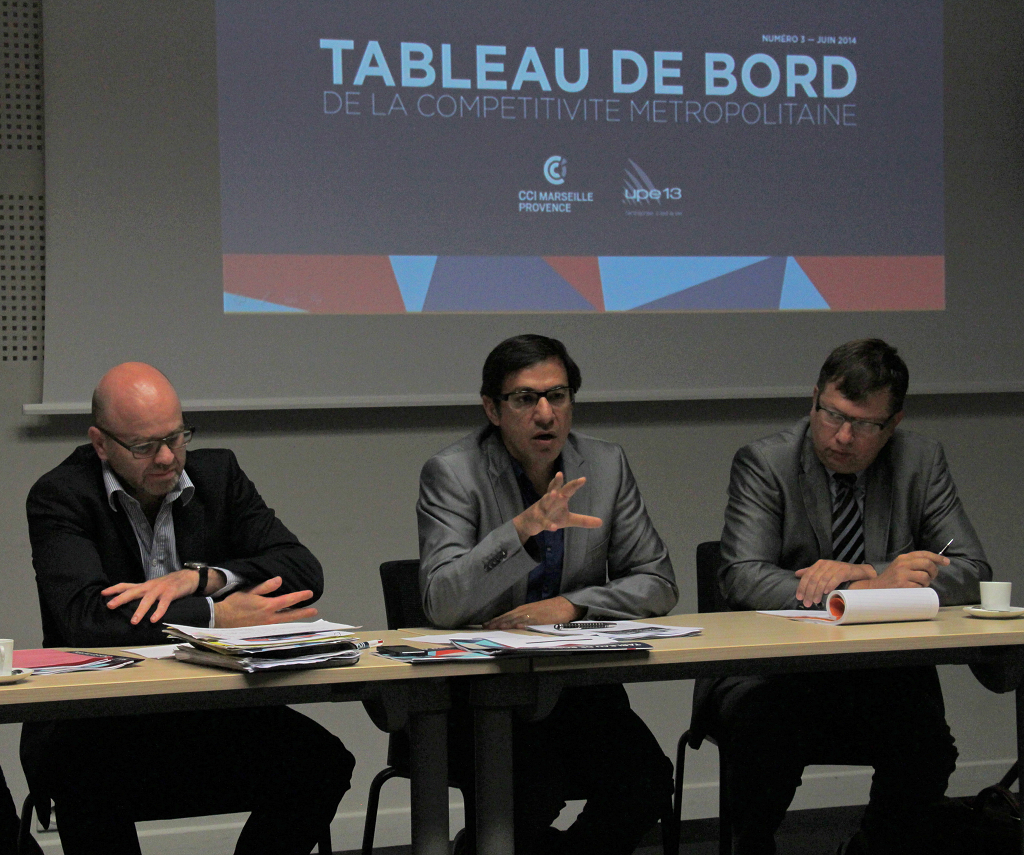 Maurice Wolff, vice-président de l’UPE 13, Éric Ammar, vice-président de la CCIMP, Éric Demonsant, société Ecomodal, viennent de présenter les tendances conjoncturelles de la métropole Aix-Marseille-Provence au 1er trimestre 2014 (Photo Philippe Maillé)