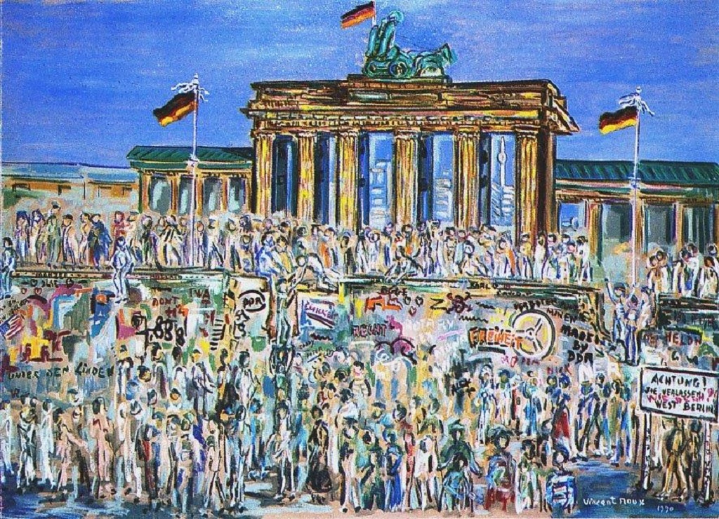 Le premier tableau de la série des Treize Europe peint par Vincent Roux : la chute du mur de Berlin, porte de Brandebourg.