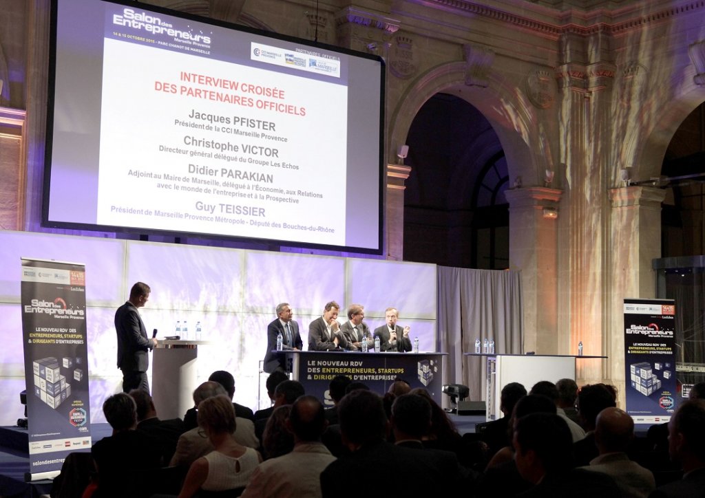 Didier Parakian, adjoint au maire de Marseille, Jacques Pfister, président de la CCIMP, Guy Teissier, président de MPM et Christophe Victor, DG délégué des Echos ont présenté au Palais de la Bourse le 1er salon des entrepreneurs qui se tiendra à Marseille (Photos CCIMP/ F.jonniaux)