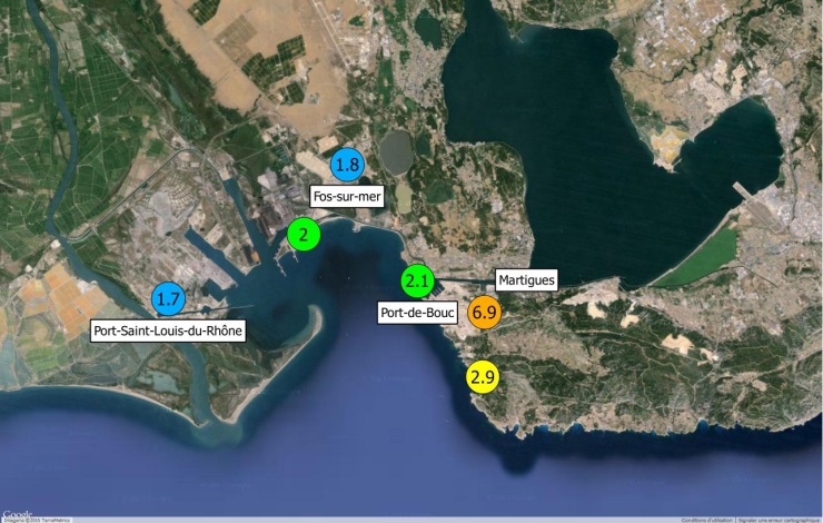 Cartographie du mercure dans l’air ambiant dans le golfe de Fos. Situation des points de mesure de mercure en ng/m3