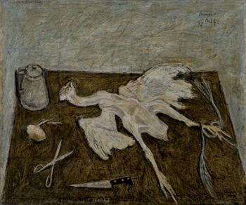 Bernard Buffet, Le coq mort, huile sur toile 96 x 114 cm, Collection Musée des beaux-arts de Marseille (dépôt du FNAC), @Adagp Paris, 2015 (crédit : Claude Almodovar et Michel Vialle).