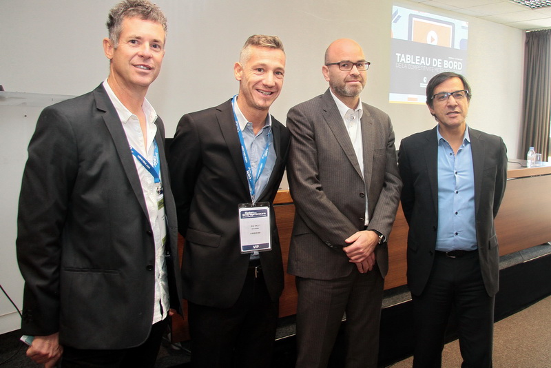 Olivier Bizot, d'Isoferm Méditerranée, Eric Gilli, Secuderm, Maurice Wolff, vice-président de l'UPE 13 et Eric Ammar, vice-président de la CCIMP lors de la présentation du Tableau de la compétitivité métropolitaine au sein du Salon des Entrepreneurs à Marseille (Photo Robert Poulain)