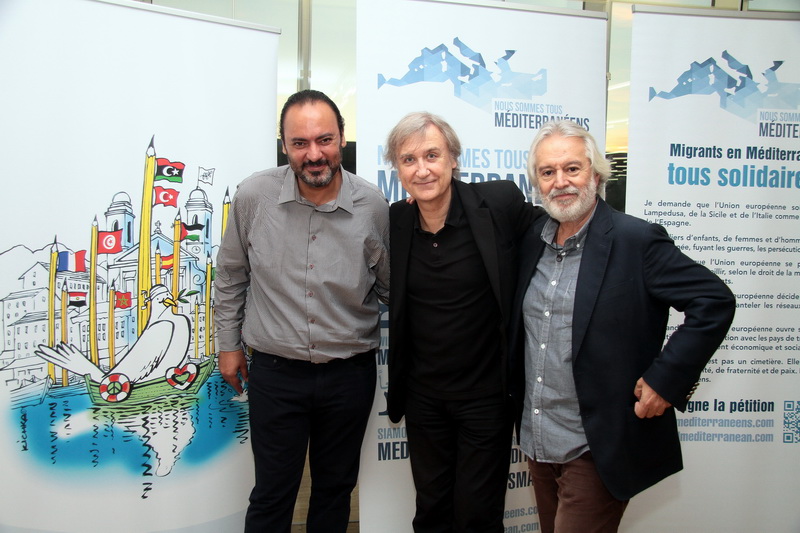 Nidahl Ghariani, Plantu et Izel Rozental pour dessiner une Mediterranée de Paix à la Villa Méditerranée à Marseille (Photo Robert Poulain)