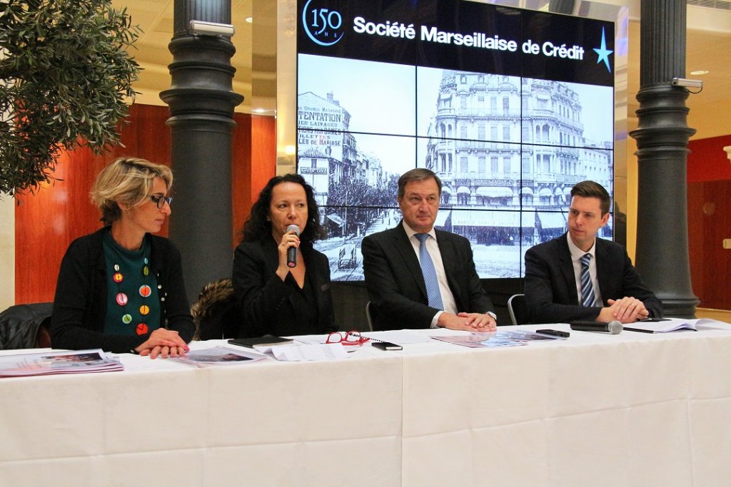 Lors de la présentation de l'événement au sein du hall de la SMC: Marie-Pierre Cartier (Cartier Coiffure), Caroline Baron, (boutiques POM), Yves Boyer (SMC) Directeur du Groupe Marseille Sud, Stephane Corbet (SMC) Directeur Marseille-Paradis (Photo Philippe Maillé)