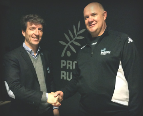 Denis Philipon, président de Provence Rugby et le nouvel entraineur du club Marc Delpoux (Photo Provence Rugby)