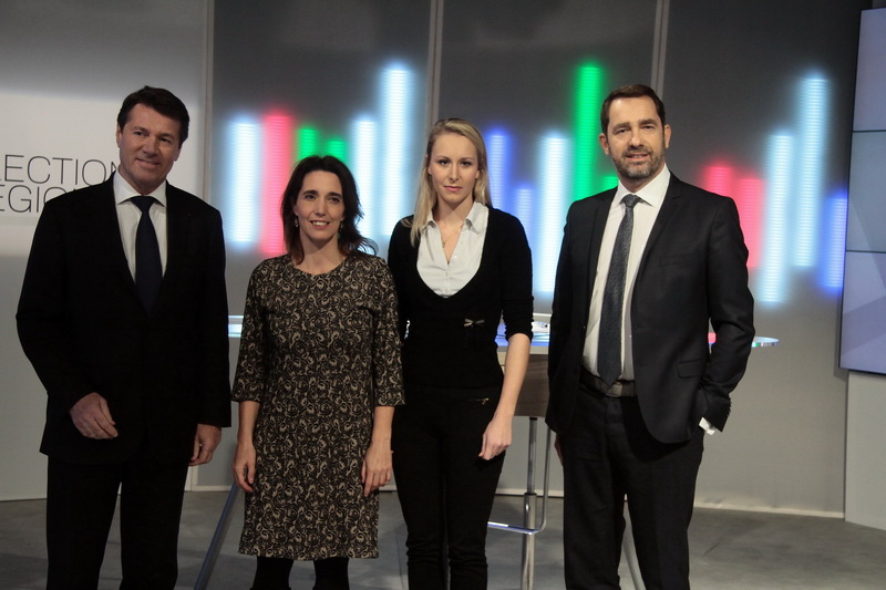 Christian Estrosi (LR), Sophie Camard (Région Coopérative), Marion Maréchal-Le Pen (FN) et Christophe Castaner (PS) (Photo Robert Poulain)