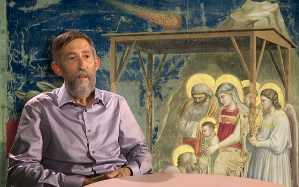 L'astrophysicien Michel Marcelin devant une fresque du peintre Giotto qui a représenté l’adoration des mages avec une comète dans le ciel (Emission France 2 Noël 2014)