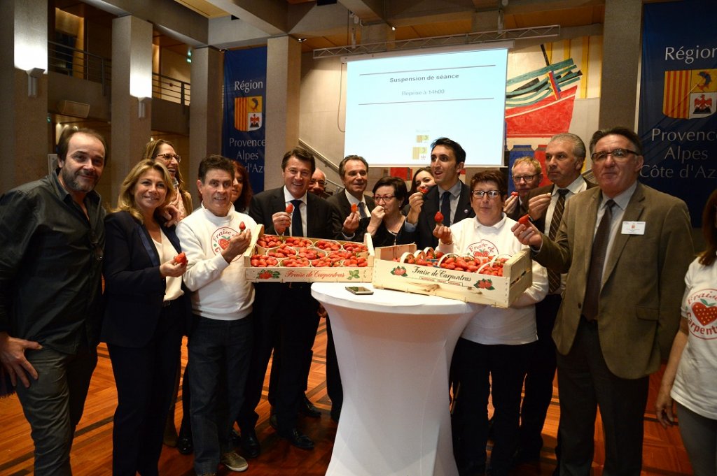 L'important c'est la fraise... Lors d'une plénière studieuse, dense, avec notamment à son ordre du jour le premier budget primitif de la nouvelle majorité, c'est une pause tout aussi bienvenue que savoureuse que s'est offerte la Région Provence-Alpes- Côte d'Azur en recevant des invités prestigieux et leur précieux chargement : la confrérie de la fraise de Carpentras et du Comtat Venaissin a en effet proposé ses diamants rouges. Un peu de douceur... (Photo Jean-Pierre Garufi)