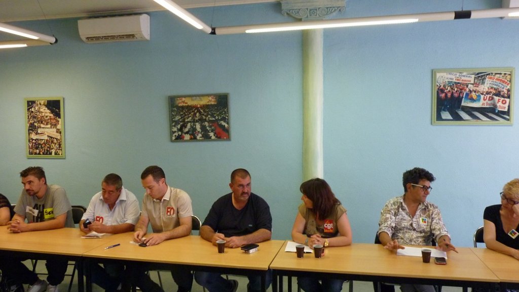 Tour à tour, Franck Bergamini, secrétaire de l'UD FO, Olivier Mateu, secrétaire de l'UD CGT, Jean-Marc Robert, secrétaire de Solidaires et Alain Barlatier, secrétaire général de la FSU 13 ont fait le point sur la mobilisation (Photo M.C.)