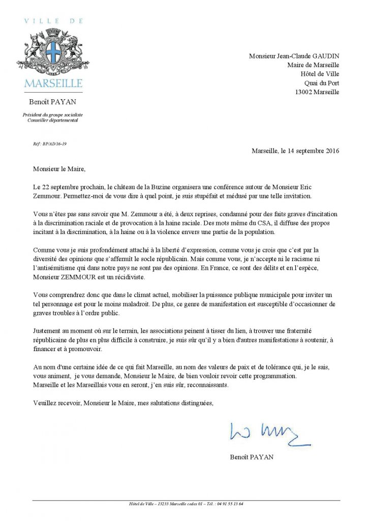 Lettre du PS marseillais au maire de Marseille