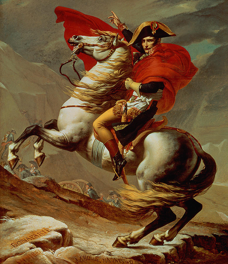 Bonaparte franchissant le Grand-Saint-Bernard par Jacques-Louis David (musée du château de Malmaison).