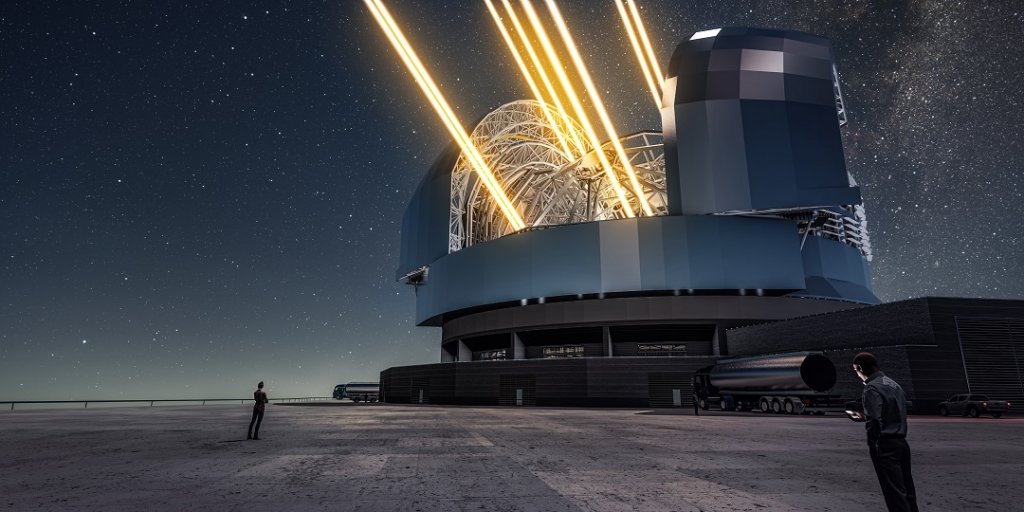 Vue d’artiste de l'Extremely Large Telescope de nuit opérant depuis le sommet du Cerro Armazones au nord du Chili. ©ESO /L. Calçada