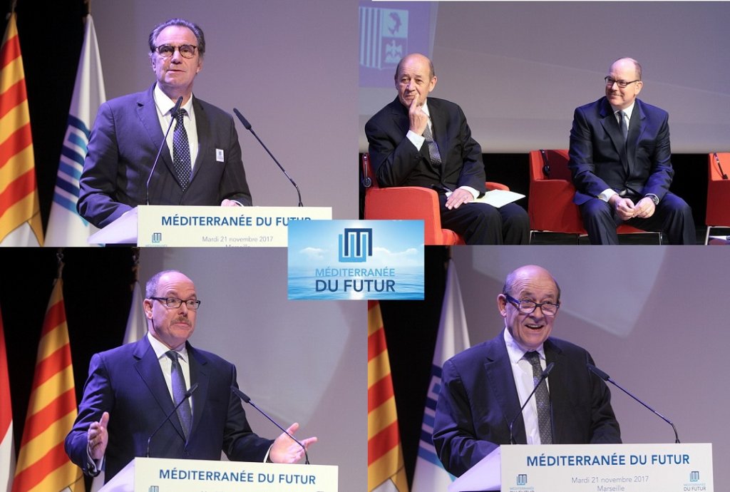 Renaud Muselier, Jean-Yves Le Drian et le Prince Albert II de Monaco ont ouvert l'Acte I de la Méditerranée du futur à Marseille (Photos Robert Poulain)