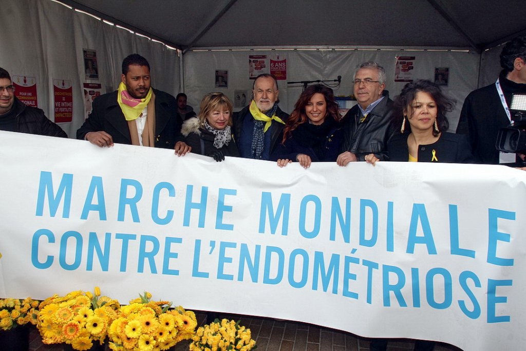 L’actrice Laetitia Milot entourée de Yasmine Candau est présidente d'EndoFrance et des représentants de l'association (Photo Robert Poulain)