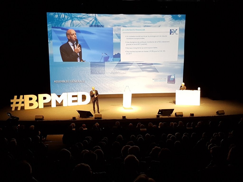 Christophe Bosson Directeur Général de la Banque Populaire Méditerranée et Michel Hillmeyer, Président de la Banque Populaire Méditerranée lors de l'Assemblée Générale du 25 avril à Marseille (Photo D.R.)