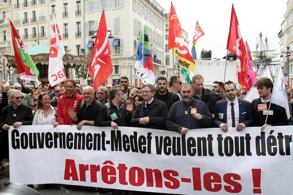 Le carré de tête était notamment formé par Jean-Luc Mélenchon, Philippe Poutou (NPA), Olivier Maheu (CGT) Pierre Dharréville (PCF) Jérémy Bacchi (PCF) ... (Photo Robert Poulain)