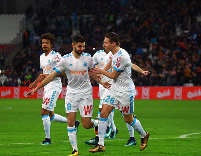 La joie des Olympiens ici Luiz Gustavo - Morgan Sanson et Florian Thauvin (Photos arch - Wallis.fr - Laurent Saccomano)