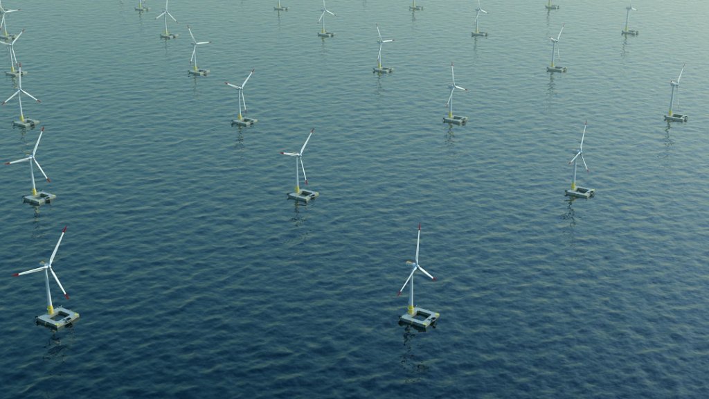 Parc d’éoliennes offshore non visible depuis le littoral. Roulis, tangage, vents puissants, courants, les éoliennes Offshore sont conçues pour résister à toutes ces pressions (Image de synthèse Ideol)