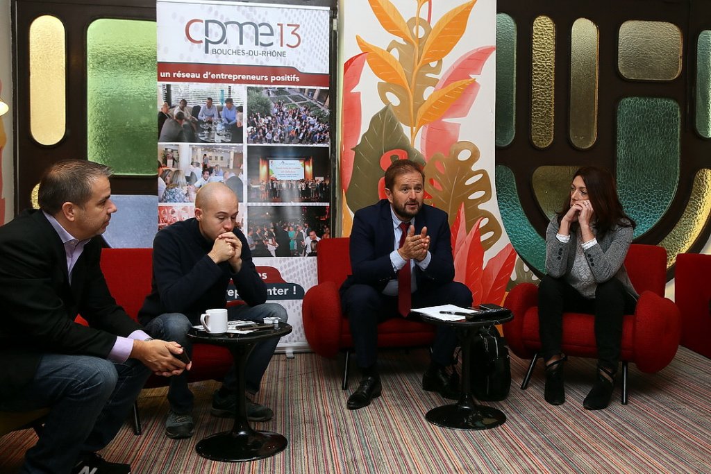 Alain Gargani entouré de Stéphanie Chauvet, Maxime Quemin et Vincent Richet a présenté la nouvelle édition d'Entrepreneurs 13 (Photo Robert Poulain)