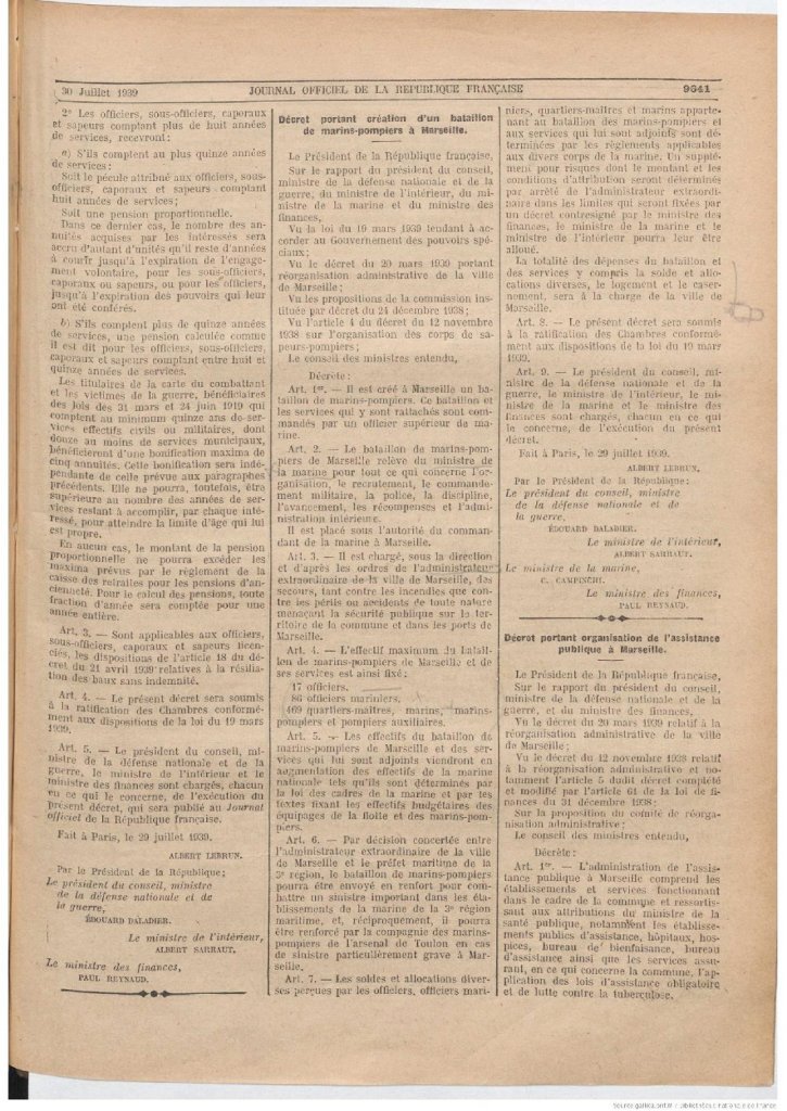 Extrait du Journal Officiel de la République Française qui publie le Décret-Loi du 29 juillet 1939 portant création du Bataillon (Source GALLICA-BNF).