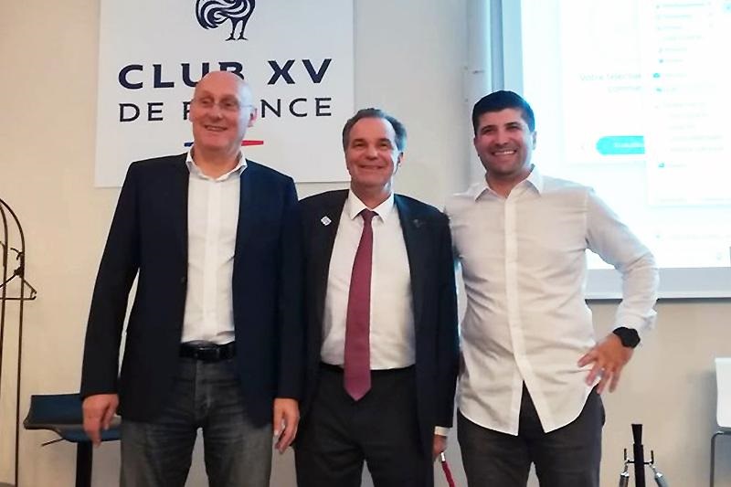 De gauche à droite : Bernard Laporte, président de la Fédération Française de Rugby ; Renaud Muselier, président de la région Sud et Cédric Messina, PDG de My Coach (Photo DR/My Coach)