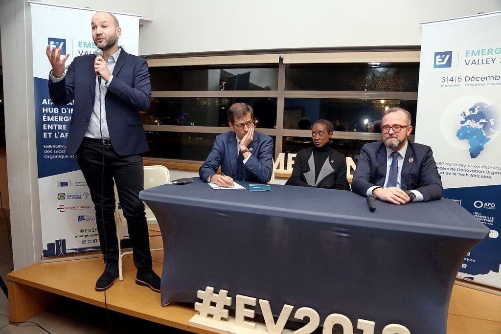 De gauche à droite Samir Abdelkrim, Emerging Valley- Bertrand Walkaener, AFD - N'Goné Fall, Africa 2020- Christophe Itier, Haut-Commissaire à l'ESS et à l'innovation sociale (Photo Robert Poulain)