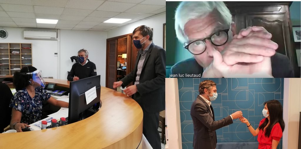 De gauche à droite Jean-Berthoz dans son agence, Jean-Luc Lieutaud lors de la visioconférence et un échange de clés en fonction des règles sanitaires actuelles (Photos D.R. et capture d'écran)