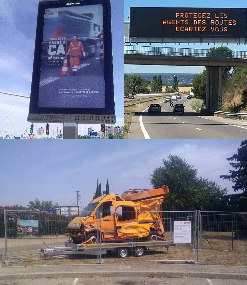 Panneaux et camions accidentés dans le cadre de la campagne de prévention en faveur des agents des routes © DIR Méditerranée