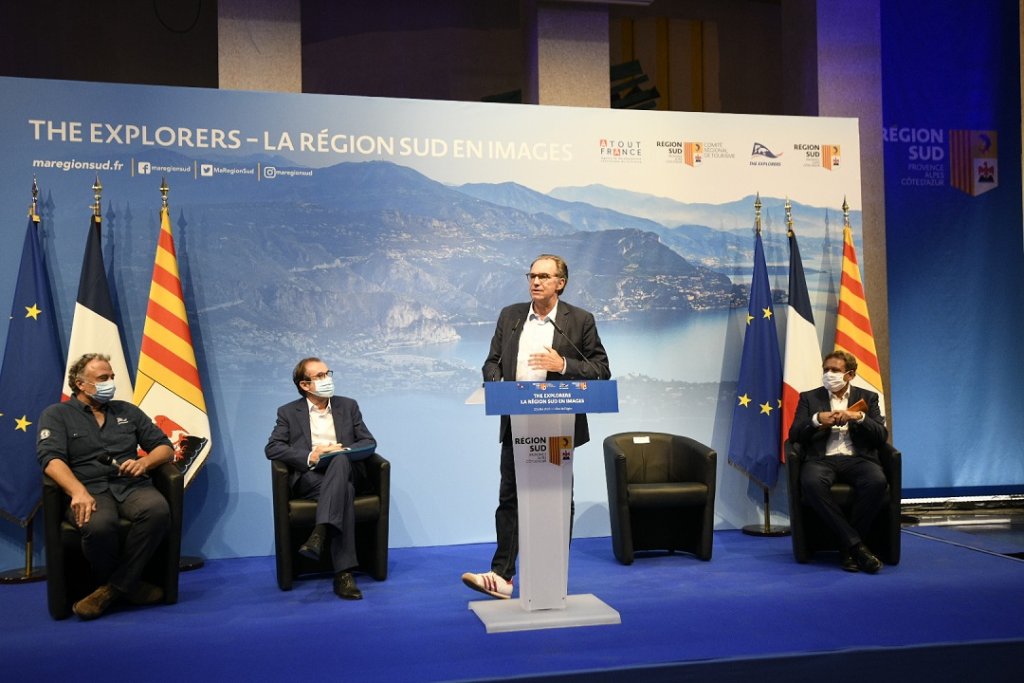 Renaud Muselier, président de Provence-Alpes-Côte d'Azur aux côtés de François de Canson, président du CRT Provence-Alpes-Côte d'Azur, de Christian Mantei, Président du Conseil d’administration d’Atout France, a présenté la plateforme "The Explorers" en présence de son CEO et Fondateur, Olivier Chiabodo. © Jean-Pierre Garufi