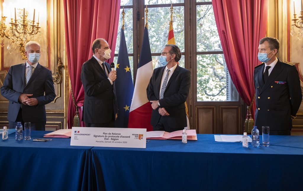 C'est au sein de la préfecture de Région et en présence du préfet Christophe Mirmand que Jean Castex et Renaud Muselier ont signé un premier accord dans le cadre du "Plan de relance" (Photo Claude Almodovar)