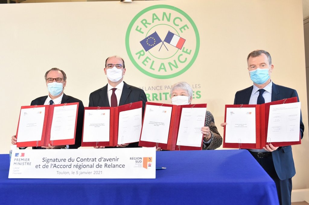 Renaud Muselier, Jean Castex, Jacqueline Gourault, Christophe Mirmand ont signé à Toulon un Contrat d'avenir Etat-Région Provence-Alpes-Côte d'Azur 2021-2027 © Benoît Granier/Matignon