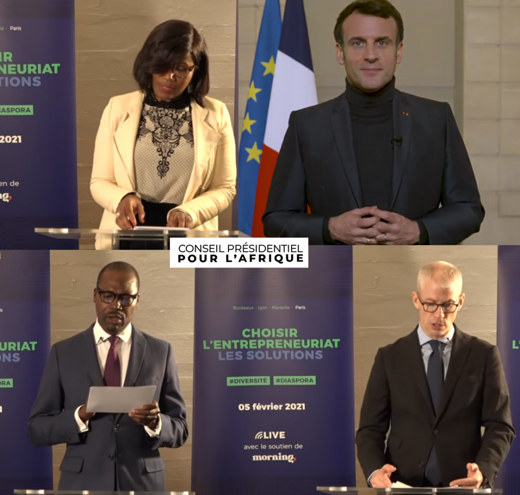 La ministre Élisabeth Moreno - le président de la République, Emmanuel macron - Wilfrid Lauriando do Rego, coordonnateur du CPA - le ministre Franck Riester sont intervenus au Conseil présidentiel pour l'Afrique (Photos captures d'écran)