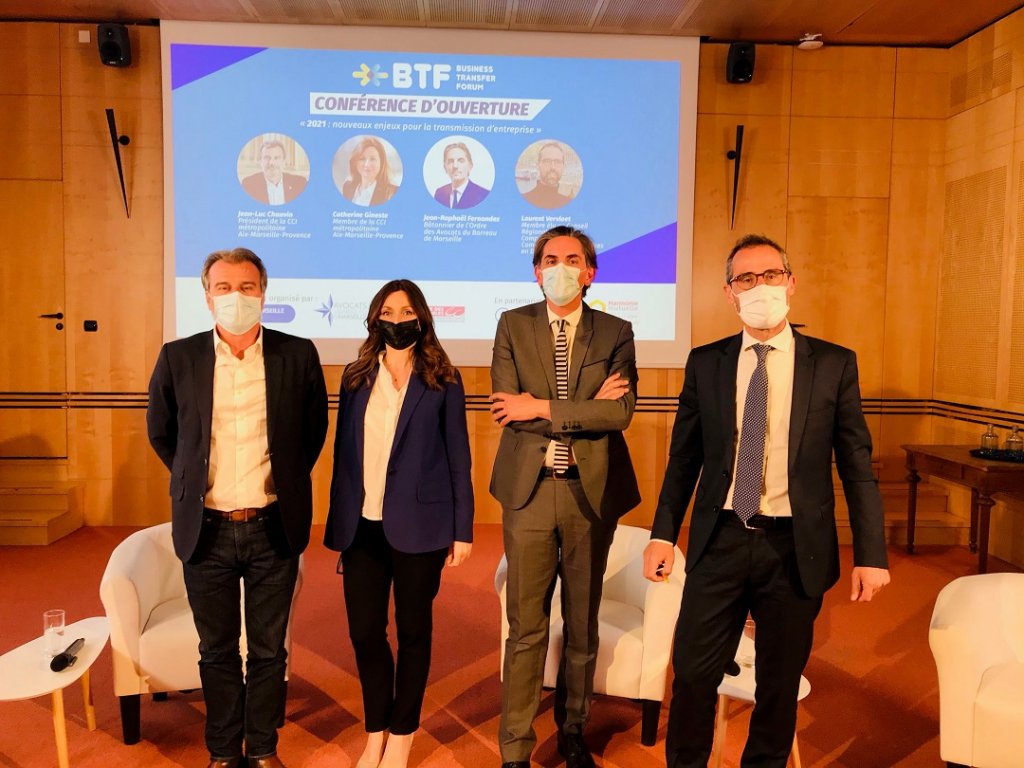 Lors de la conférence d'ouverture du BTF: Jean-Luc Chauvin, Président de la CCIAMP - Catherine Gineste, membre de la CCIAMP, Jean-Raphaël Fernandez, Bâtonnier de l’Ordre des Avocats du Barreau de Marseille - Laurent Vervloet, membre élu des Experts Comptables Paca à la commission des entreprises en difficultés ©CCIAM/Ludivine Pillot