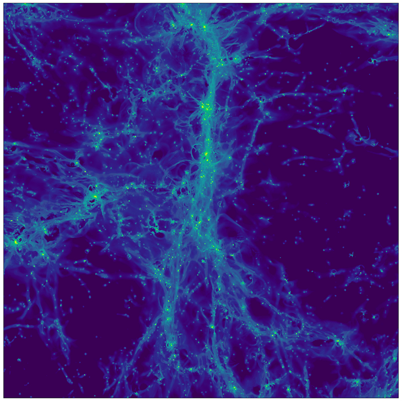 Figure 1 : simulation cosmologique de l’Univers lointain. Cette image illustre la lumière émise par les atomes d’hydrogène de la toile cosmique dans une région d’environ 15 millions d’années-lumière de côté. Outre l’émission très faible du gaz inter-galactique, on devine de multiple sources ponctuelles qui sont des galaxies formant leurs premières étoiles. © Jeremy Blaizot / projet Sphinx