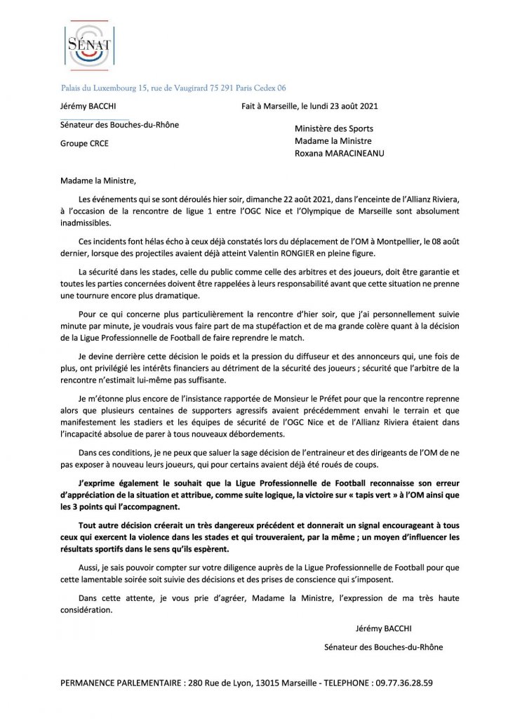 Lettre adressée à la ministre des sports