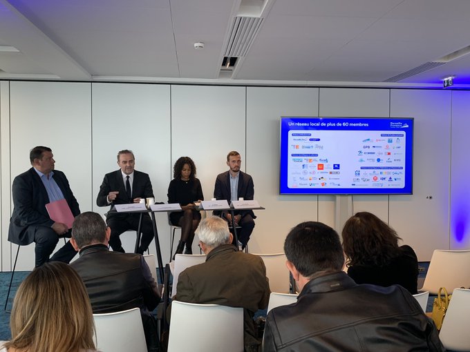 Hervé Martel, Jean-François Suhas, Léa Loriquet et Julien Masson présentent les actions conjointes de l’écosystème croisière à Marseille ©DR