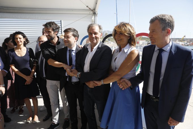 Tony Estanguet, Benoît payan, Renaud Muselier, Martine Vassal et le préfet Christophe Mirmand ont lancé officiellement les travaux de la Marina olympique du Roucas-Blanc (Photo Région Sud)