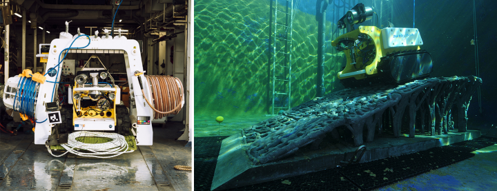 A droite, Bathybot dans son dock à bord du Pourquoi pas ?. © Cyril Frésillon / MIO / CNRS Photothèque A gauche, BathyBot et BathyReef dans le bassin d’essai du Centre Ifremer Méditerranée. © Dorian Guillemain